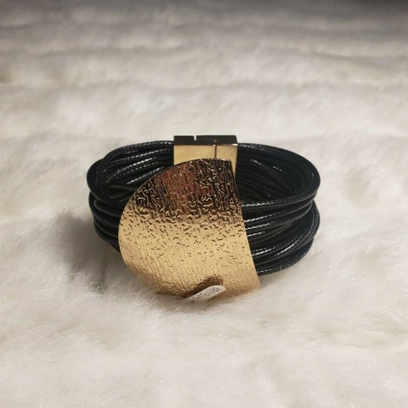Womens Gold & Black Rope Bracelet Magnetic Clasp - Picture 1 of 5